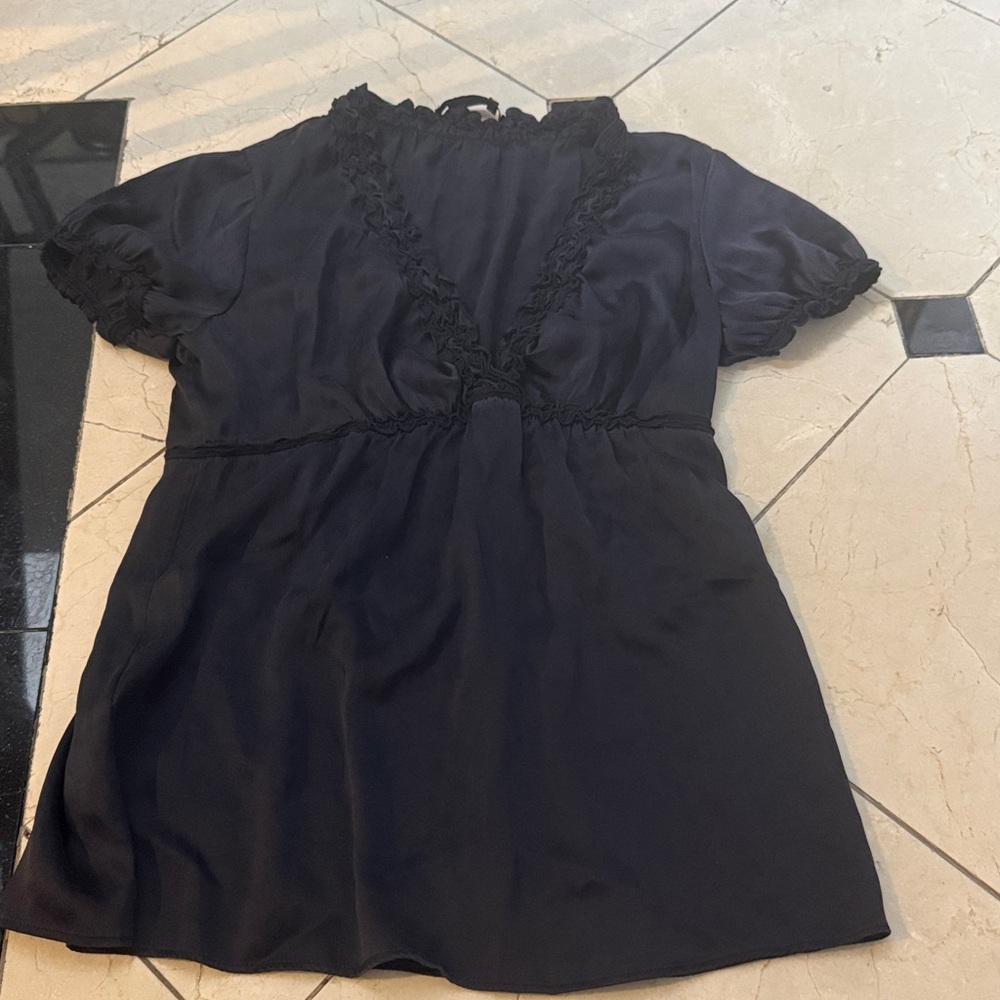 BCBGMaxAzria Navy Blouse with Ruffle Trim